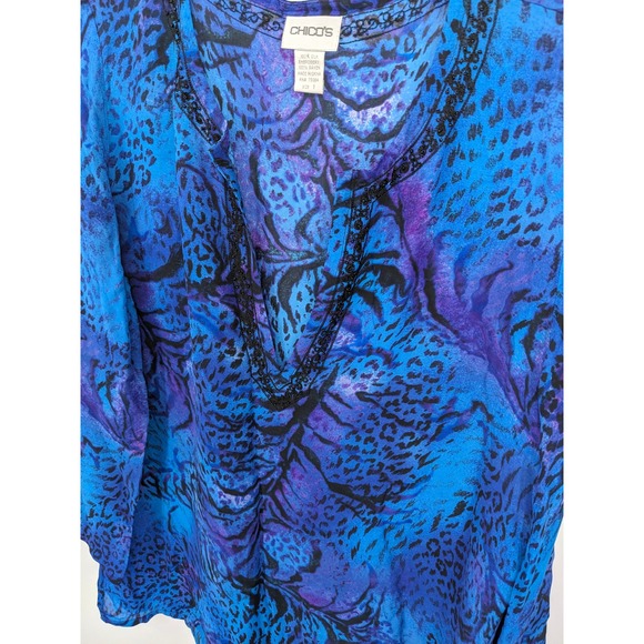Chicos Top Medium Blue Silk Blend Animal Embellished Beaded Long Sleeve Tunic - Picture 2 of 8